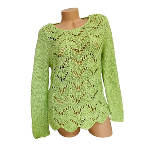 Chico's Women’s Size 0 Crew-neck Open Knit Long Sleeve Crochet Sweater‎ Lime